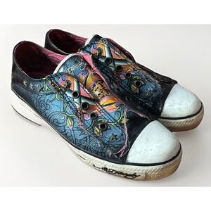 Vtg Ed Hardy Skull Pirate Star Sneakers Mens 8 Canvas Low Top Slip On Shoes